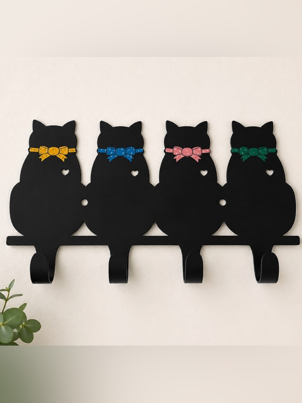 Metal 9” Cat Kitty Silhouette Wall Key Holder 4 Hooks Cat Lovers